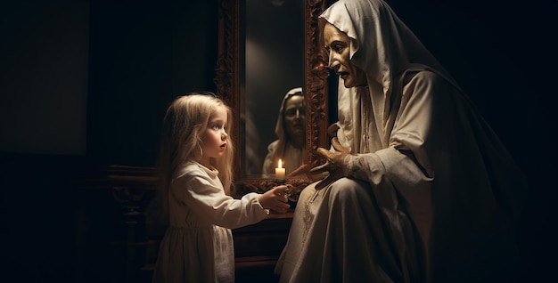 criança horrorizada olhando no espelho brincando de mãe hd papel de parede