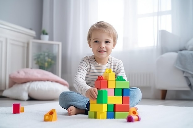 Criança IA generativa brincando com blocos de brinquedos coloridos Garotinho construindo torre de brinquedos de blocos Educa