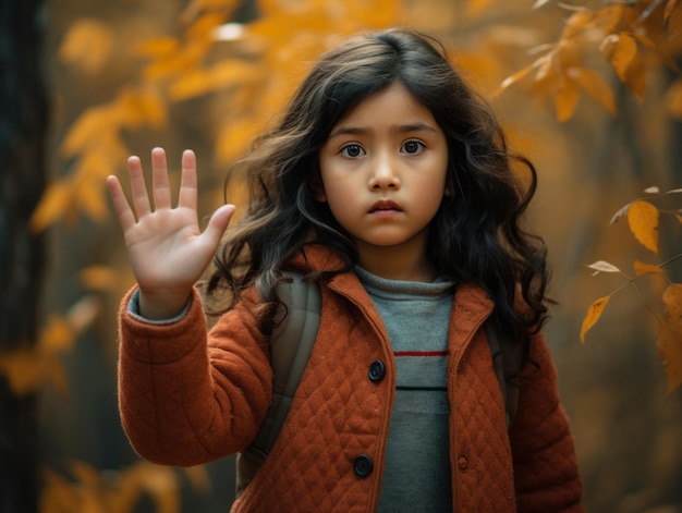Criança indiana em pose dinâmica emocional divertida no fundo do outono