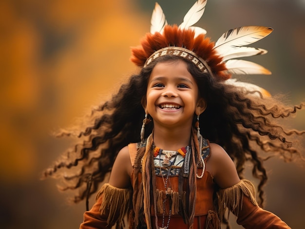 Foto criança indiana em pose dinâmica emocional divertida no fundo do outono