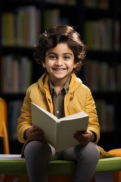 Criança indiana feliz e bonita ou menino lendo um livro olhando para a câmera