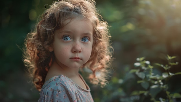 Criança inocente com cativantes olhos azuis numa clareira da floresta iluminada pelo sol