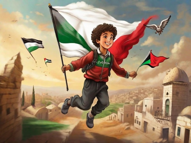 criança inocente segurando a bandeira da Palestina como um ângulo e voando no céu