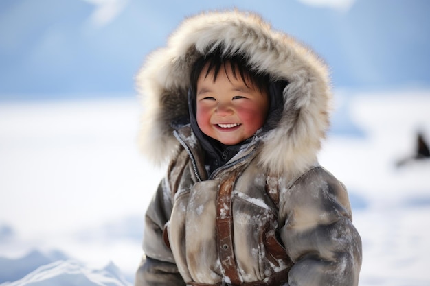 Criança inuit feliz com casaco de pele rindo na paisagem de inverno