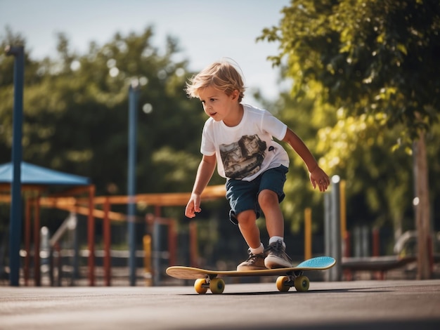 Criança jogando skate no playground no verão AI Generative