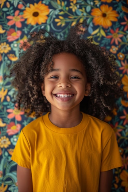 criança jovem negra alegre rindo com cabelos encaracolados vestindo uma camisa amarela está em frente a um papel de parede floral rindo de pura alegria e olhando para a câmera