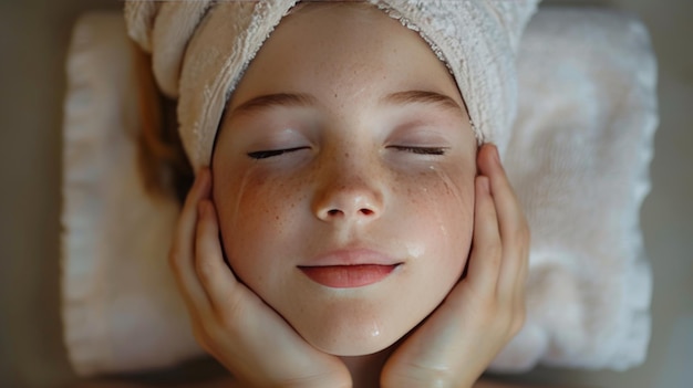 Criança linda com uma toalha na cabeça aplicando máscara facial