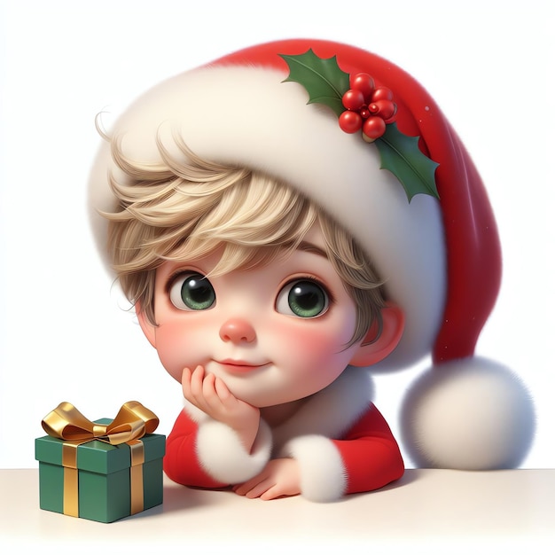 Criança loira bonita com chapéu de Papai Noel e traje de Natal