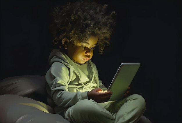 Criança maravilha digital fascinada pelo brilho do tablet no escuro