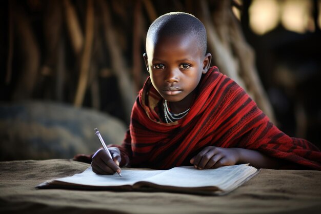 Criança masai escrevendo atentamente em uma configuração tradicional de aldeia