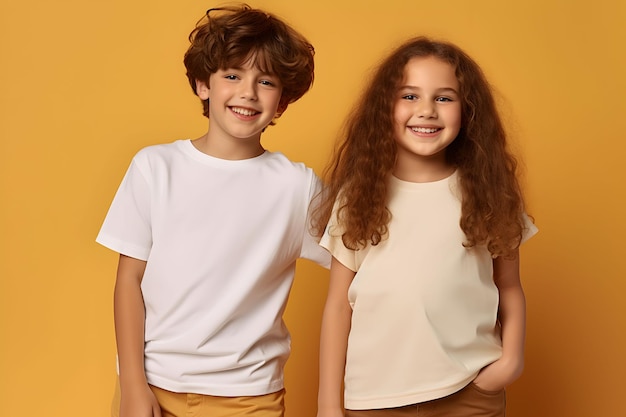 Criança masculina e feminina menino e menina irmãos vestindo camisa branca de tela bella em fundo amarelo Modelo de impressão de camisa de design Modelo de apresentação de apresentação gerado por IA