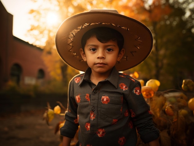 Criança mexicana em pose dinâmica emocional em fundo de outono