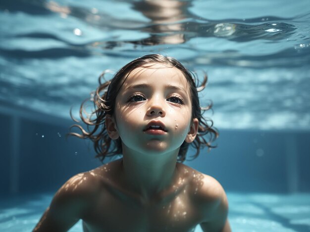 Foto criança nadando debaixo d'água na piscina água do mar azul criança menino nadando no mar