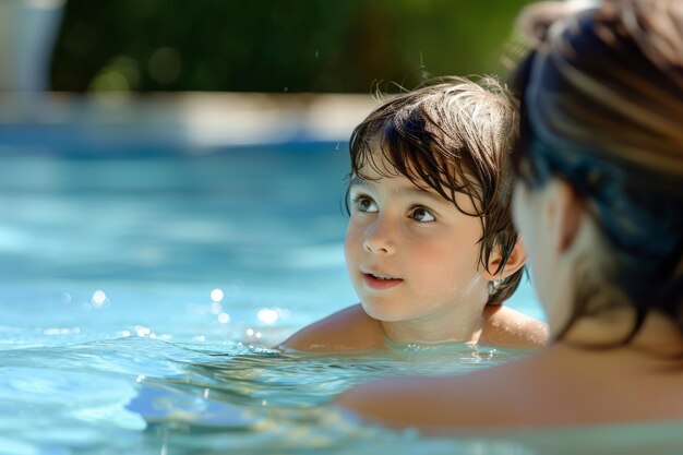 Criança nadando em uma piscina jogando esportes aquáticos diversão férias em família crianças mãe pai memória da infância