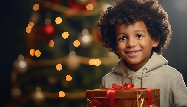 Criança negra africana sobre fundo desfocado conceito de natal e ano novo