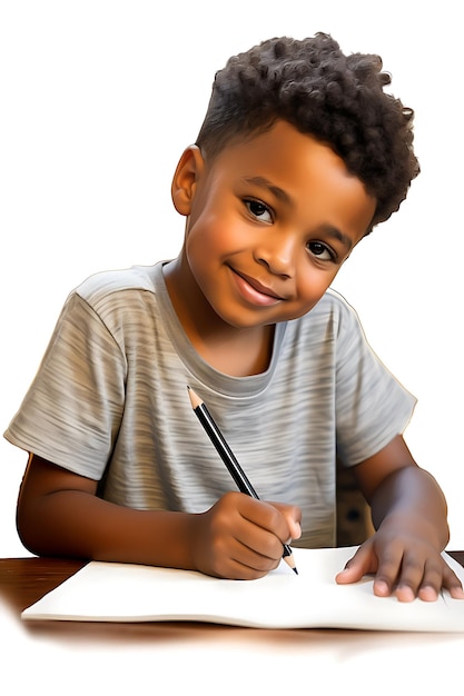 Foto criança negra escrevendo estilo ultra realista fundo branco