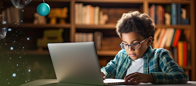 Foto criança negra estudando on-line com tablet em casa estudante de educação em tecnologia de conceito e aprendizagem