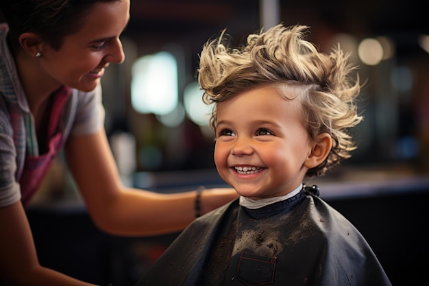 Foto criança no cabeleireiro a cortar o cabelo