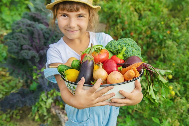 Criança no jardim com legumes nas mãos dele.