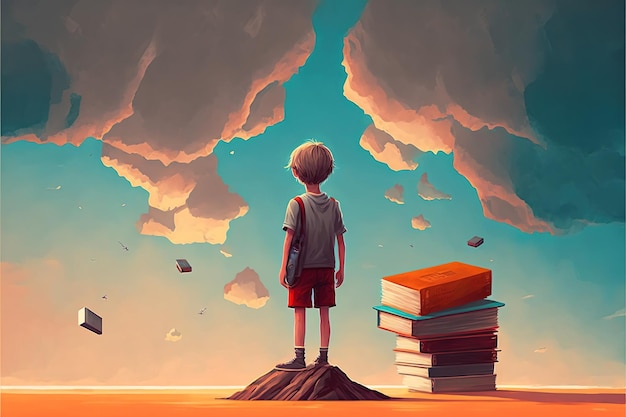 Criança no livro mágico Menino de pé no livro aberto e olhando para outros livros flutuando no ar Pintura de ilustração de estilo de arte digital