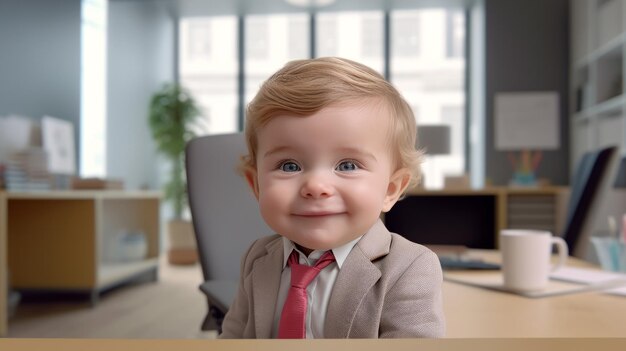 Foto criança no trabalho no escritório sentada à mesa bebê no trabalho