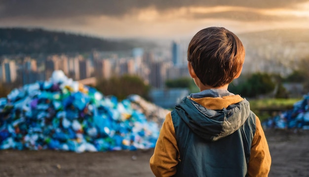 criança olha para um depósito de lixo perto da cidade incorporando o impacto ambiental sobre a inocência e o u