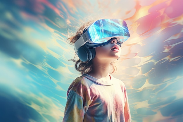 Criança ou adolescente usa fone de ouvido Vr no estado de consciência do mundo virtual futurista do universo metaverso