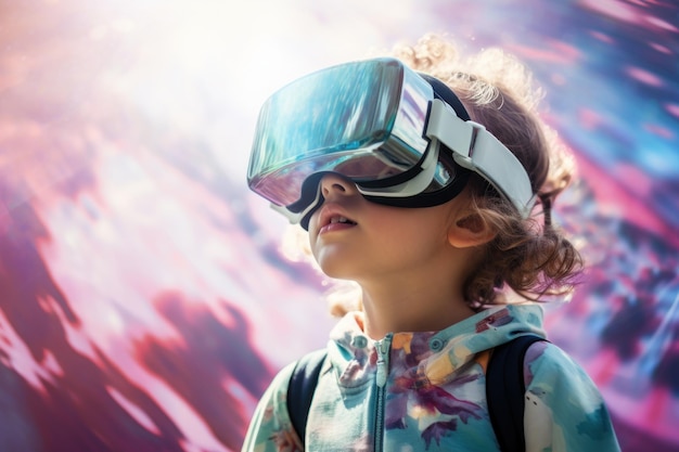 Criança ou adolescente usa fone de ouvido Vr no estado de consciência do mundo virtual futurista do universo metaverso