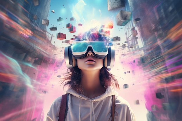 Criança ou adolescente usa fone de ouvido Vr no estado de consciência do mundo virtual futurista do universo metaverso