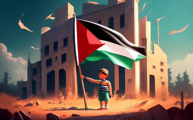 Criança palestina levantando bandeira palestina em frente a edifícios