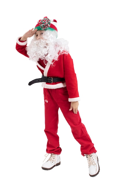 Criança Papai Noel em um menino de Natal de fundo branco