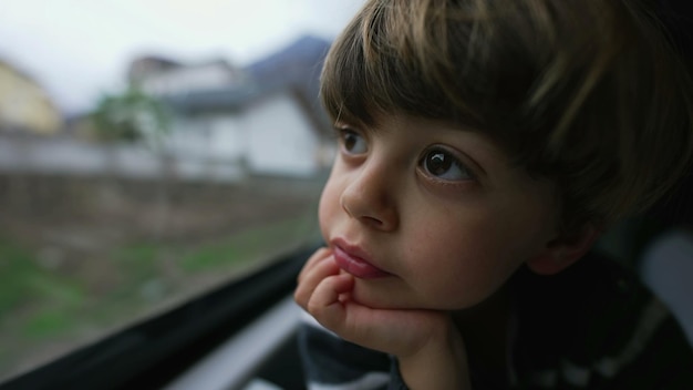 Criança pensativa viajando de trem olhando pela janela Closeup de rosto de criança pensativa