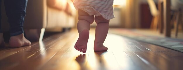 Foto criança pequena dá os primeiros passos caminhando no chão de madeira