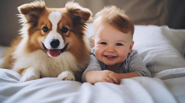 Criança pequena deitada em uma cama com um cão cão e bonito bebê amizade de infância