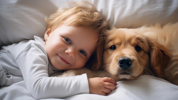 Foto criança pequena deitada em uma cama com um cão cão e bonito bebê amizade de infância