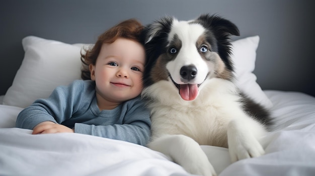 Foto criança pequena deitada em uma cama com um cão cão e bonito bebê amizade de infância