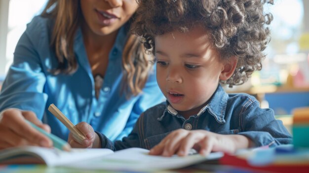 Foto criança pequena e um adulto concentrados em escrever num caderno