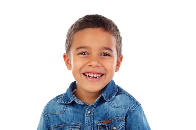 Foto criança pequena engraçada com t-shirt da sarja de nimes