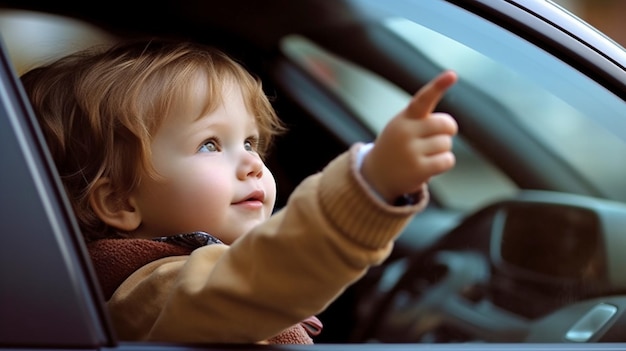 Criança pequena no carro apontando para longe e olhando pela janela Generative AI