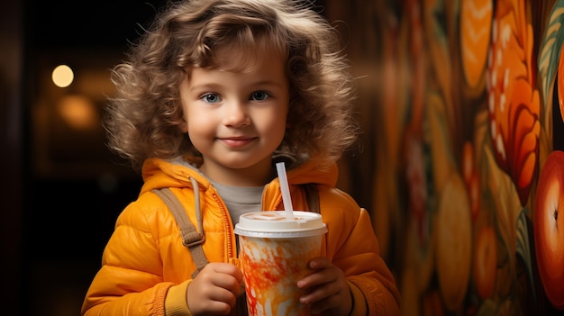 criança pequena segurando um suco de frutas com uma palhinha de papel em um copo reutilizável feito de papel