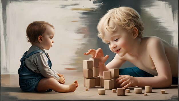 Foto criança pequena sentada no chão menino bonito brincando com cubos de madeira em casa