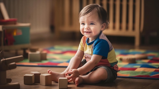 Criança pequena sentada no chão, menino bonito, brincando com cubos de madeira em casa.