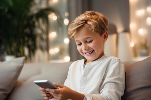 Criança pequena usando um smartphone em casa conceito