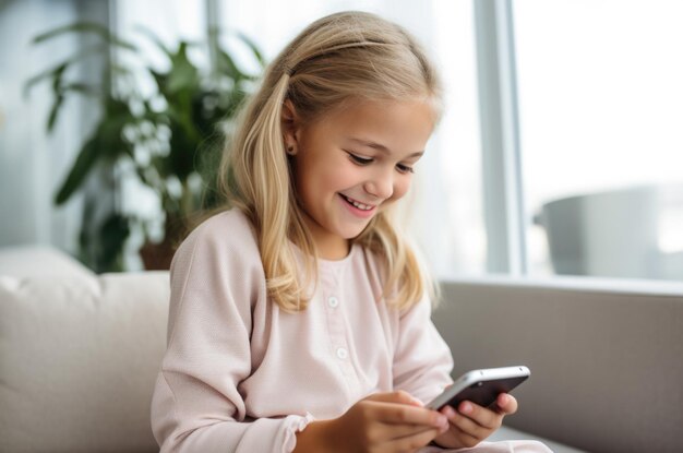 Criança pequena usando um smartphone em casa conceito