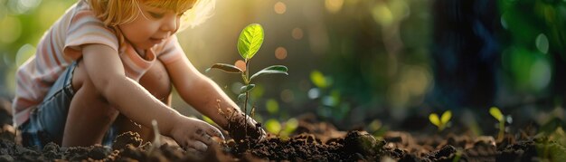 Foto criança plantando uma pequena árvore no solo expressão de esperança