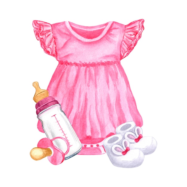 Criança recém-nascida rosa coisas vestido de corpo mamilo chupeta botas garrafa de leite para festa de revelação de gênero