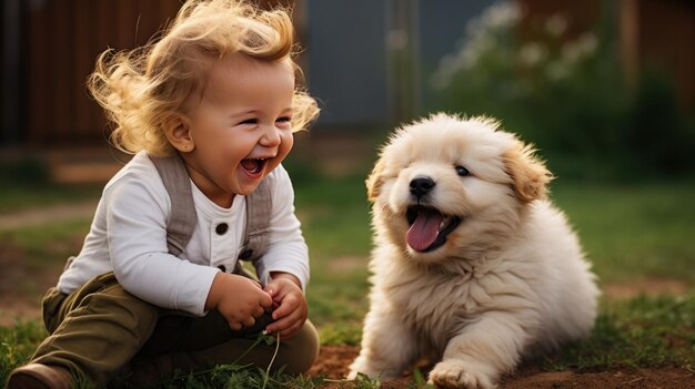 Criança rindo enquanto brinca com um cachorrinho pequeno os dois rolando na grama