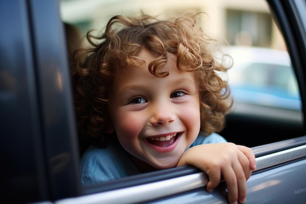 Criança rindo no carro com a janela aberta
