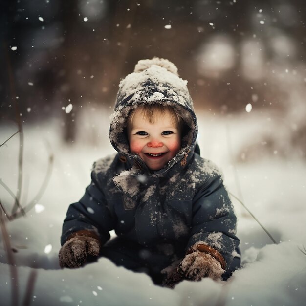 Criança se alegra na neve Retrato de um menino alegre e sorridente na neve no inverno Ano Novo