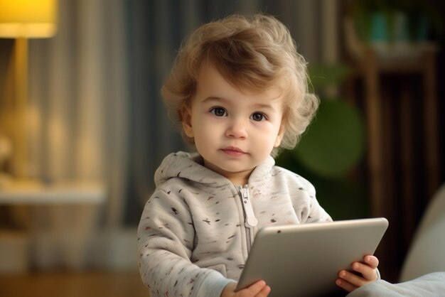 Criança segurando um tablet parecendo pensativa Conceito de interação digital em tenra idade